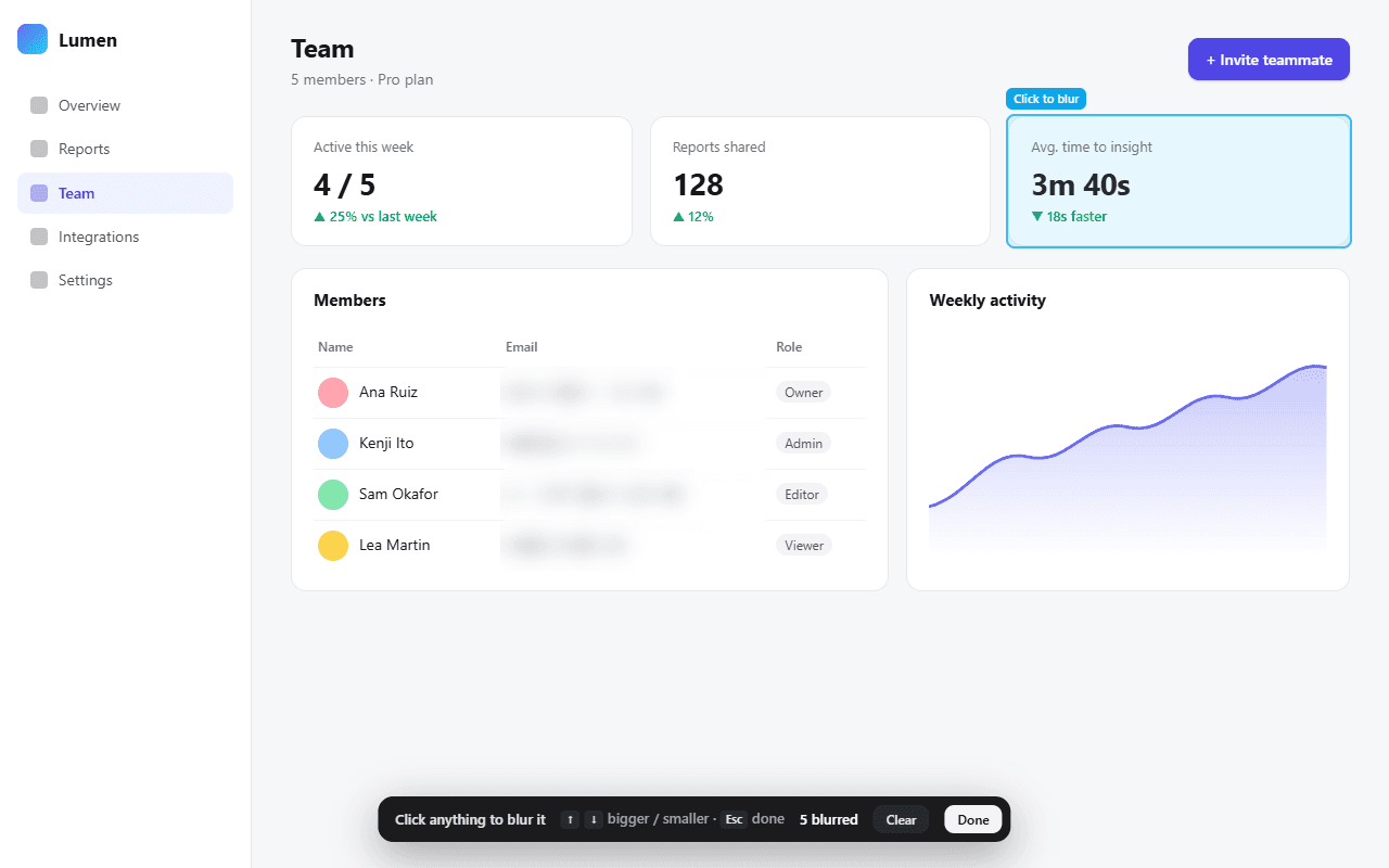 Picking elements to blur on a dashboard, with email addresses already frosted