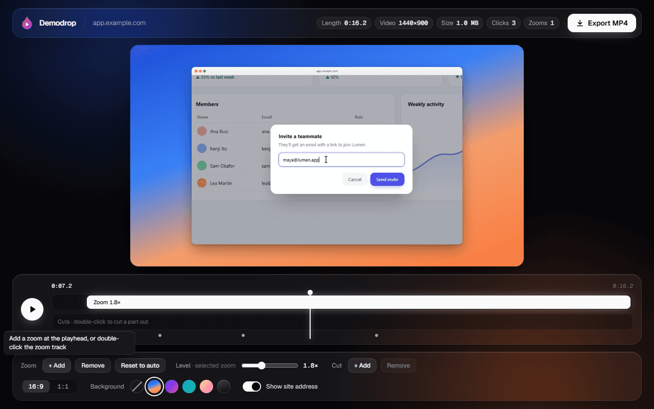 The editor: a framed preview zoomed in on a dialog, with a zoom block on the timeline