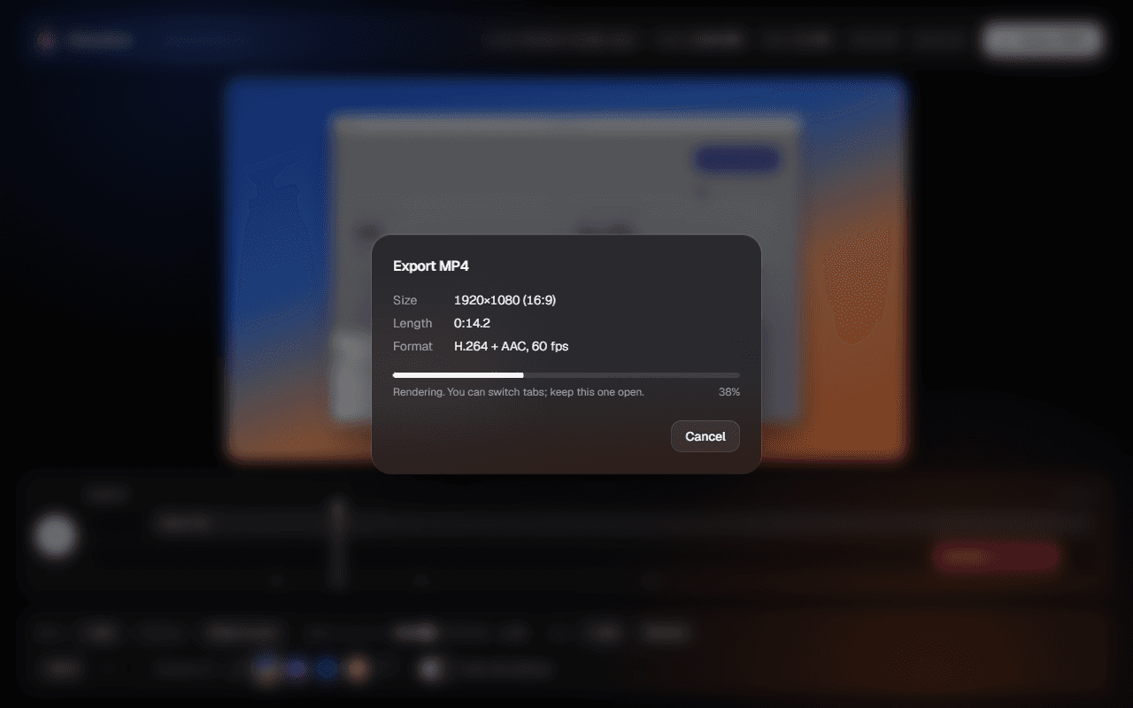 The export dialog rendering a 1920×1080 MP4 at 60 fps