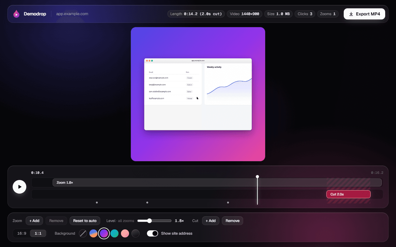 The editor at 1:1 with a purple background and a cut at the end of the timeline